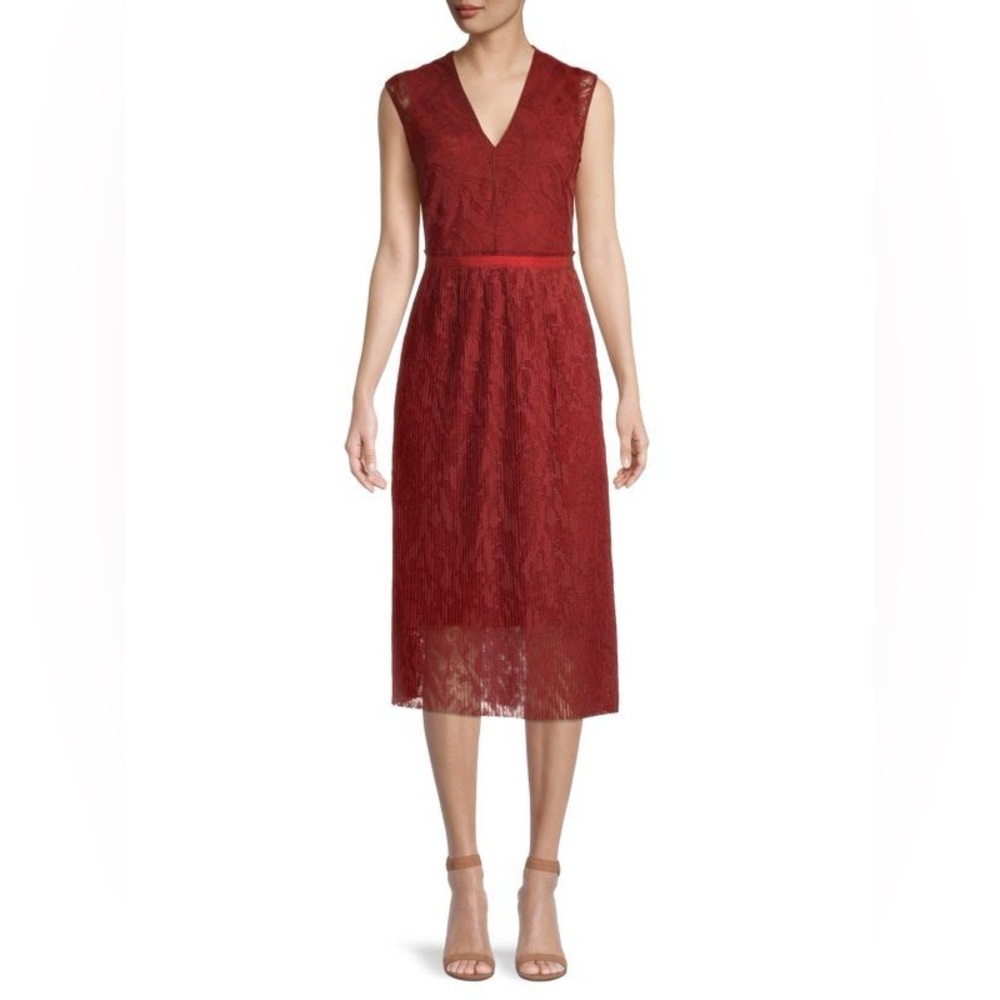 Hugo Boss Red Sleeveless V-Neck Sheath Midi Dress